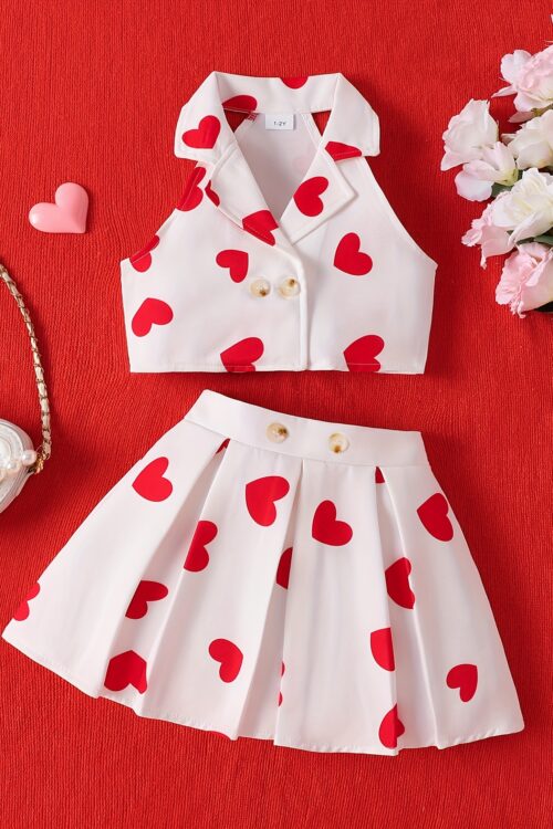 P100574 Fashion Sleeveless Top with Butterfly Knot Print And Pleated Skirt Set for Little Girls