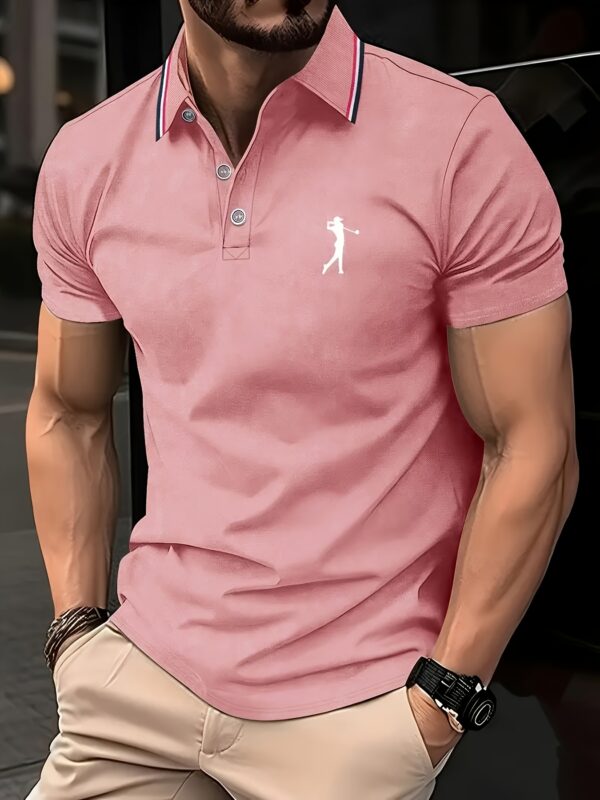 Men's Short Sleeve Shirt - White with Red Golf Print, Striped Collar & Cuffs, Breathable Summer Golf & Casual Wear, Machine Washable Regular Fit, Durable Fabric - Image 10