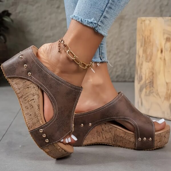 Women's Elegant Retro Mary Jane Wedge Sandals - Slip-On Thick Platform Heel with Metallic Studs & Adjustable Golden Chain Ankle Strap, Breathable PU Cover Open-Toe Summer Shoes in Black/Navy/Brown-Golden, Comfortable Footwear | Open Toe Design | Durable Footwear - Image 7