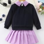 Two-piece Set for Girls: Fashionable Letter Random Print with Turnover Collar Regular Long Sleeve Top + Pleated Edge Solid Color Regular Short Skirt Length and Thigh Spring and Autumn Casual Half Skirt Set - Image 5