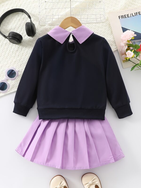 Two-piece Set for Girls: Fashionable Letter Random Print with Turnover Collar Regular Long Sleeve Top + Pleated Edge Solid Color Regular Short Skirt Length and Thigh Spring and Autumn Casual Half Skirt Set - Image 5