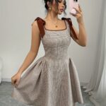 Elegant Women'S Plaid A-Line Dress, Square Neck, Fitted, Lace Up, Woven Polyester, 230g/m², with Cat Ear Design, for Adult, Summer - Image 3