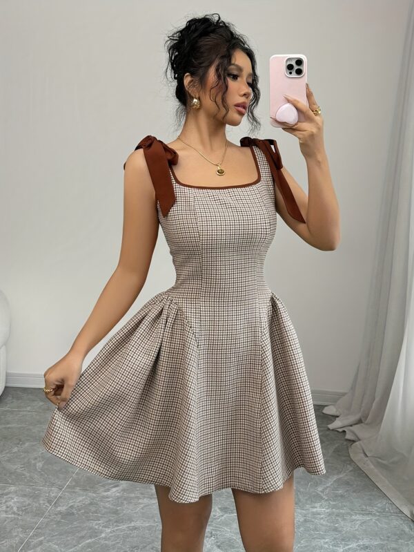 Elegant Women'S Plaid A-Line Dress, Square Neck, Fitted, Lace Up, Woven Polyester, 230g/m², with Cat Ear Design, for Adult, Summer - Image 3