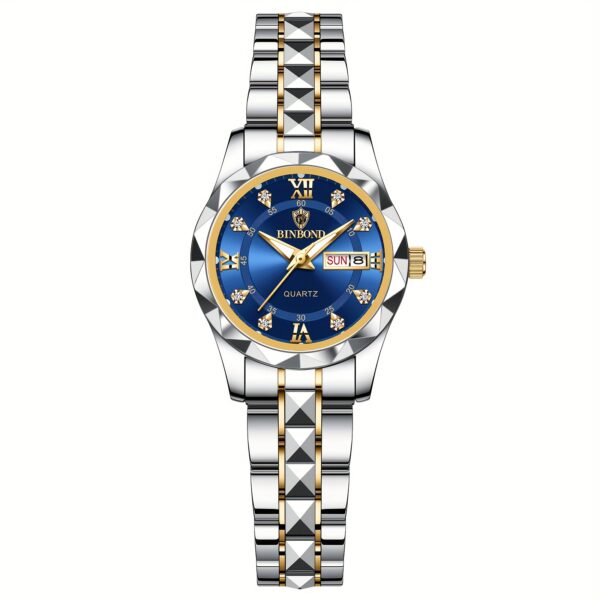 BINBOND Women's Light Luxury Quartz Watch with Night Glow, Double Calendar, Stainless Steel Band & Blue Dial - Elegant Casual & Formal Watch for Casual Attire - Image 3