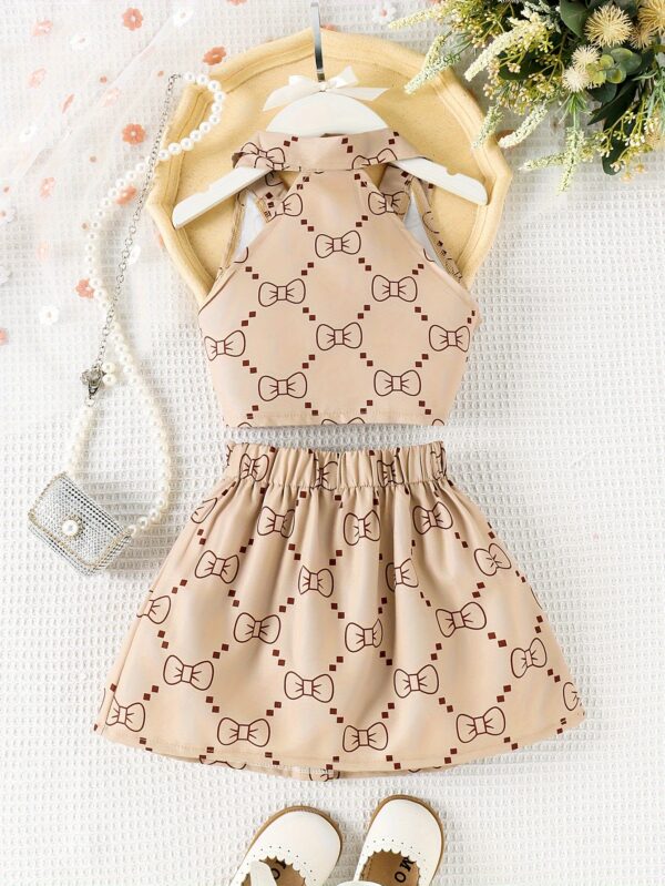 P100574 Fashion Sleeveless Top with Butterfly Knot Print And Pleated Skirt Set for Little Girls - Image 4
