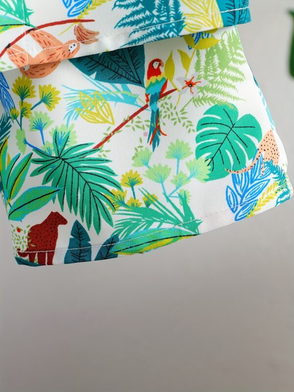 Boys' Summer Casual Outfit: White Leaf Print Short Sleeve Shirt and Comfortable Shorts Set, Polyester, Non-Stretch Fabric - Ideal for Outdoor Activities, Tree Leaf, Suitable, Leisure Style, Conventional Version, Summer, Perfect for Outdoor - Image 5