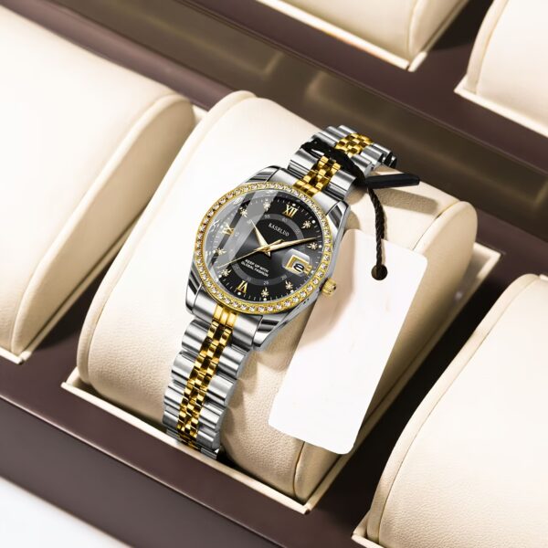 KASRLUO Women's Stainless Steel Quartz Watch with Luminous Rhinestone Date Display, Blue Dial & Golden-Tone Band - Elegant Business Style, Casual Elegance | Elegant Timepiece | Luminous Dial - Image 10