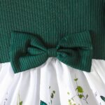 Girls' Spring/Summer Ruffled Sleeve Dress with Bow Detail and Elastic Waistband - Green Butterfly Print on White, Knee-Length, Machine Washable - Image 9