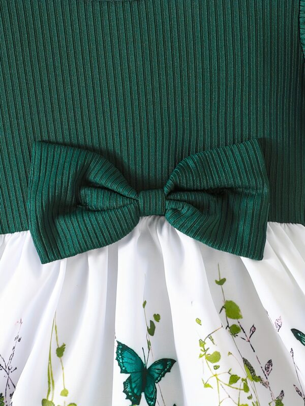 Girls' Spring/Summer Ruffled Sleeve Dress with Bow Detail and Elastic Waistband - Green Butterfly Print on White, Knee-Length, Machine Washable - Image 9
