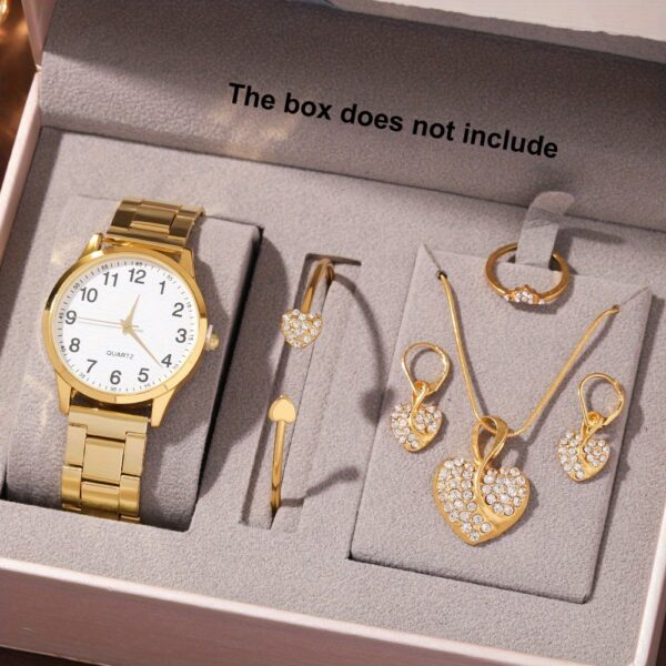 6pcs Elegant Women's Quartz Watch Set with Heart-Shaped Jewelry, Perfect Gift for Ladies, Non-Adjustable Alloy Strap, Classic Bar Markers Round Dial, Ideal Gift for Sisters and Mothers, Suitable for Ramadan or Casual Attire, No Packaging Box Included, Middle East Special Edition - Image 13