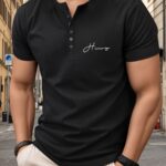 Trendy Letters Print Men's Athletic V-Neck Henley T-Shirt - Short Sleeve Casual Workout Top For Spring Summer Fitness Holiday