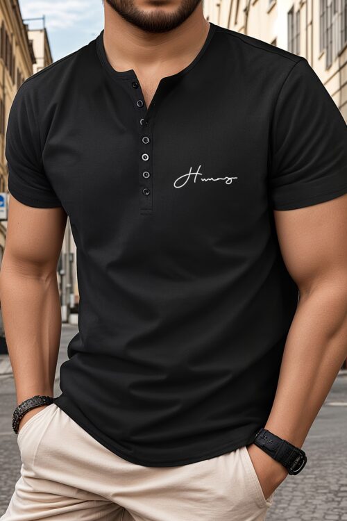 Trendy Letters Print Men’s Athletic V-Neck Henley T-Shirt – Short Sleeve Casual Workout Top For Spring Summer Fitness Holiday