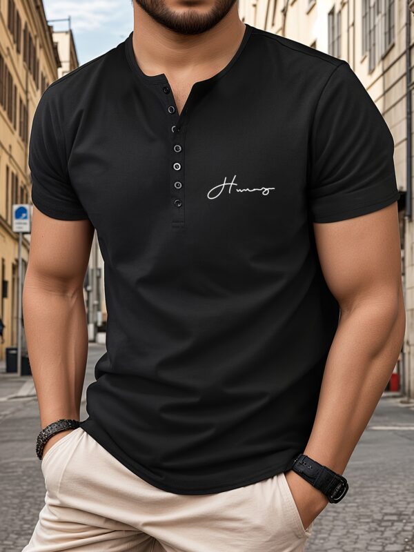 Trendy Letters Print Men's Athletic V-Neck Henley T-Shirt - Short Sleeve Casual Workout Top For Spring Summer Fitness Holiday