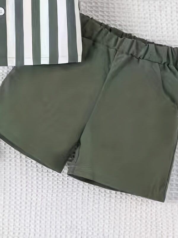 Boys' Fashion Set, Striped Polyester Shirt and Shorts, Casual Elastic Fabric, Spring/Summer Collection, Slim Fit, Button Detail, Woven Construction, Polyester Top and Bottom, For Outdoor - Image 2