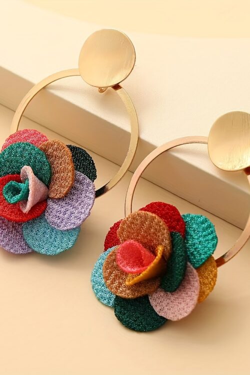 Elegant Boho-Chic Handcrafted Fabric Flower Dangle Earrings – Mixed Colors, Iron Crafted for Everyday & Wedding Wear