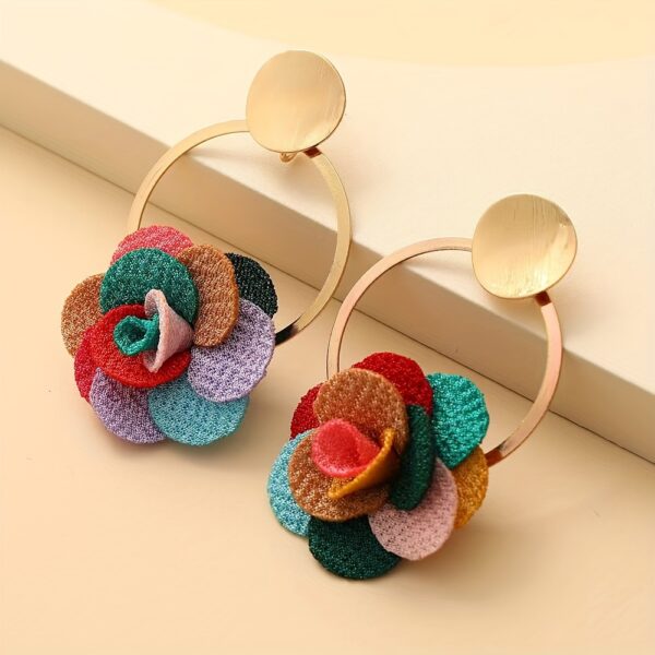Elegant Boho-Chic Handcrafted Fabric Flower Dangle Earrings - Mixed Colors, Iron Crafted for Everyday & Wedding Wear