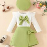 3pcs Baby's Adorable Bowknot Decor Long Sleeve Top + Beret + Trendy Skirt, Toddler & Infant Girl's Clothing Outdoor Set For Winter Fall, Outdoor Cloth