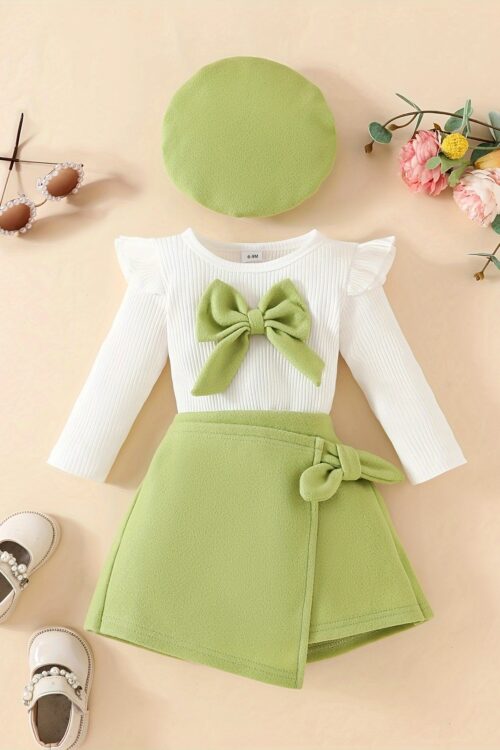 3pcs Baby’s Adorable Bowknot Decor Long Sleeve Top + Beret + Trendy Skirt, Toddler & Infant Girl’s Clothing Outdoor Set For Winter Fall, Outdoor Cloth