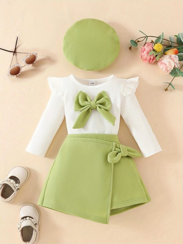 3pcs Baby's Adorable Bowknot Decor Long Sleeve Top + Beret + Trendy Skirt, Toddler & Infant Girl's Clothing Outdoor Set For Winter Fall, Outdoor Cloth