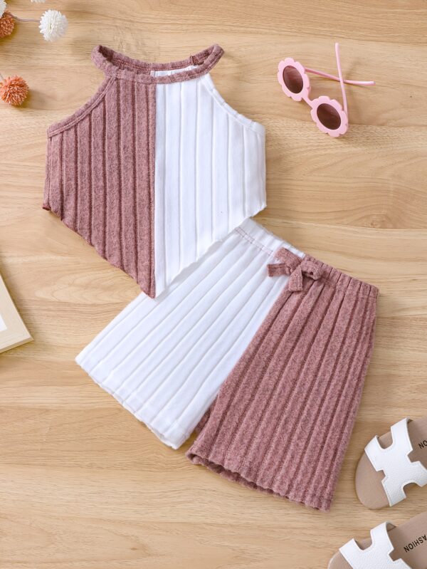 Girls 2pcs Summer Outfit Set, Knitted Polyester & Elastane, Solid Color Halter Neck Top with Bow Detail & Matching Shorts, Casual Fit for Playtime & Outings, for Outdoor - Image 4