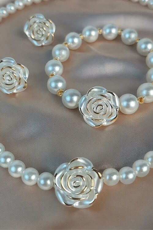 3pcs Set of Camellia Imitation Pearl Women’S High-end Ball Party Necklace, Bracelet and Earrings Set