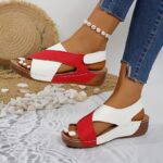 Women's Two-Tone Wedge Sandals - Open Toe, Chunky Heel, Faux Cover with Metallic Buckle Strap, Perfect for Beach, Party & Casual Outings, Beachwear Shoes | Durable Tpr Sole, Ladies Sandals - Image 4