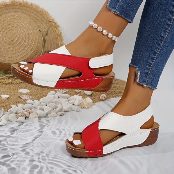 Women's Two-Tone Wedge Sandals - Open Toe, Chunky Heel, Faux Cover with Metallic Buckle Strap, Perfect for Beach, Party & Casual Outings, Beachwear Shoes | Durable Tpr Sole, Ladies Sandals - Image 4