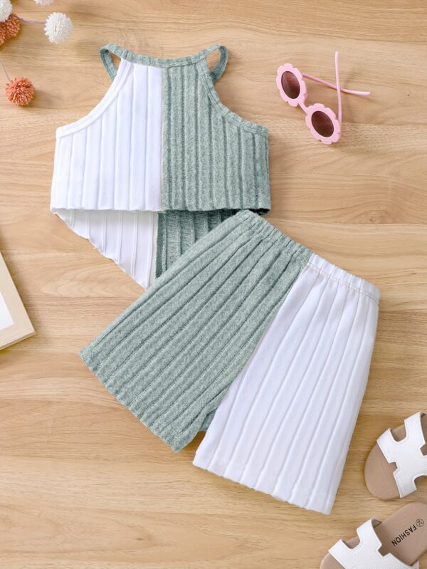 Girls 2pcs Summer Outfit Set, Knitted Polyester & Elastane, Solid Color Halter Neck Top with Bow Detail & Matching Shorts, Casual Fit for Playtime & Outings, for Outdoor - Image 10