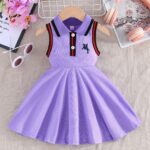 Toddler Sleeveless A-Line Dress - Vibrant Green with Black & White Striped Design, Button-Up Collar, Perfect for Summer Outdoor Activities, Youngsters' Fashion, Casual Wear|Sporty Style|Strapless Design, Youngsters Dress - Image 2