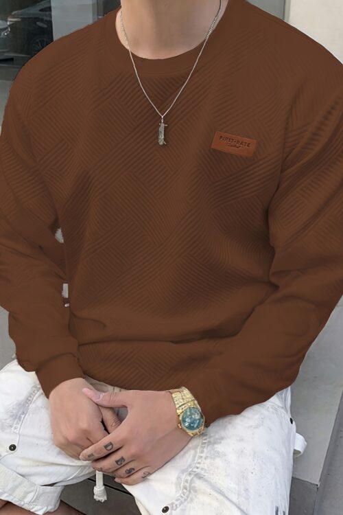 Men’s Fashion Casual Sweatshirt – Soft Polyester, Crew Neck, Long Sleeve, Gradient Color with Chevron Patch | Machine Washable, Ideal for Spring & Autumn