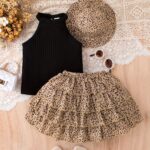 Girls' 3pcs Vintage Leopard Print Outfit Set - Sleeveless Cotton Blend Bandeau Top, Tiered Skirt, and Matching Hat - Casual Summer Wear for Kids with Frill Details - Image 9