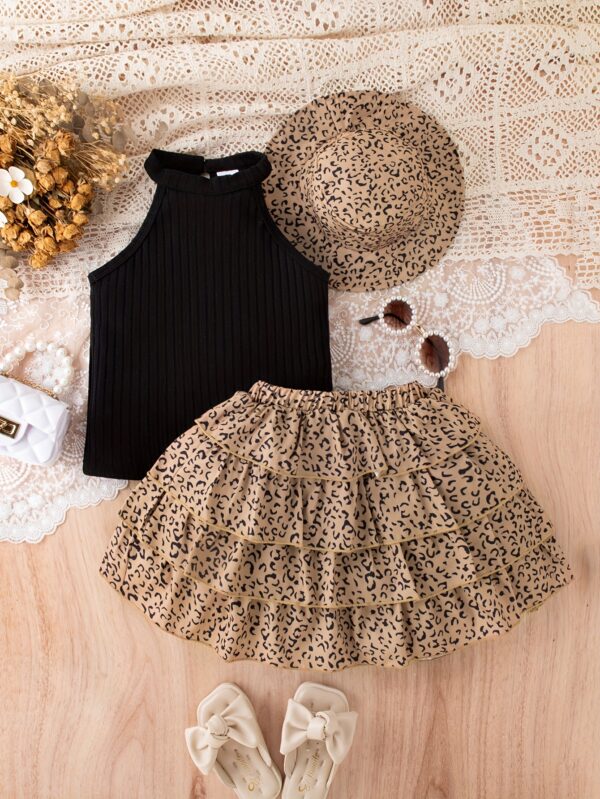 Girls' 3pcs Vintage Leopard Print Outfit Set - Sleeveless Cotton Blend Bandeau Top, Tiered Skirt, and Matching Hat - Casual Summer Wear for Kids with Frill Details - Image 9