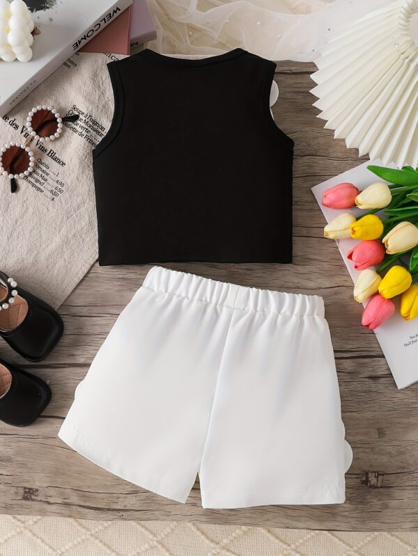 Two-piece Set for Little Girl: Black Sleeveless Top with White Patchwork and White Patchwork Shorts - Image 2