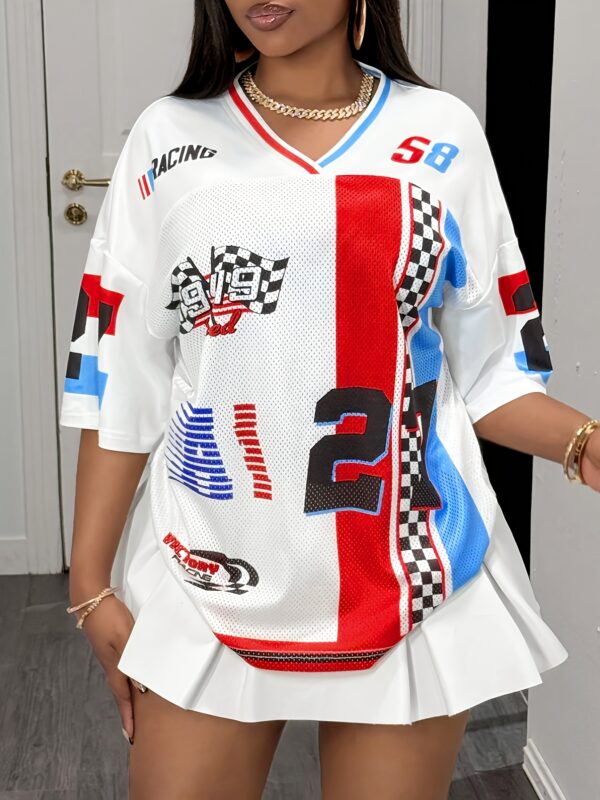 Women's Y2K Mesh Panel Athletic Style Short Sleeve Top - Casual Sporty Tee with "90 BIRTHDAY" Lettering & Eagle Design, Breathable White Base, Perfect for Spring/Summer, Summer Fashion | Vibrant Color Contrast - Image 6