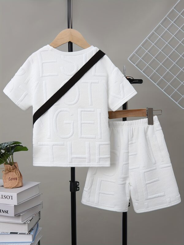 Men's and Youngsters's Summer Set of 3pcs with Solid Color Embossed Letters, Full Body Ribbed Collar Casual Short Sleeve Top + Motorcycle Small Satchel Bag + Solid Color Striped Fashion Shorts Trendy Handsome Casual Outing First Choice, Perfect for Outdoor - Image 2