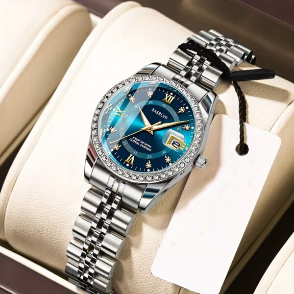 KASRLUO Women's Stainless Steel Quartz Watch with Luminous Rhinestone Date Display, Blue Dial & Golden-Tone Band - Elegant Business Style, Casual Elegance | Elegant Timepiece | Luminous Dial - Image 7
