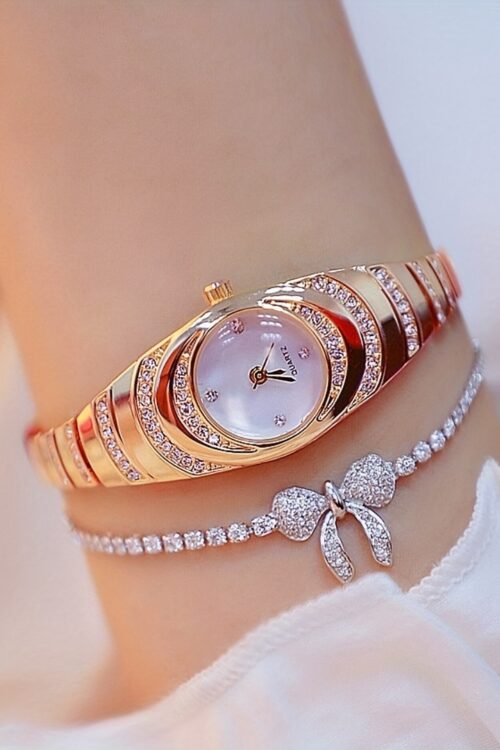 A New Women’S Watch with A Simple Design, Featuring A Round Dial with Rhinestones And A Golden Quartz Watch, Suitable for Daily Decoration, an Ideal Choice for A Birthday Gift.