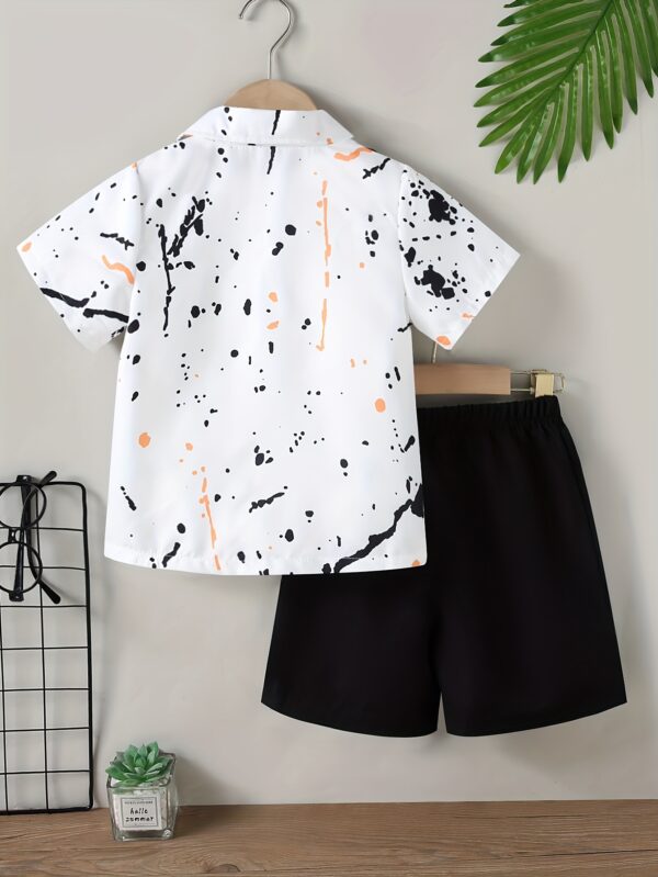 Summer Set for Boys with Splashed Ink Printed Short Sleeve Shirt + Plain Color Shorts - Image 2