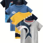 4pcs Cute Cartoon Shark And Dinosaur Print Boys Comfy T-Shirt, Cool, Versatile & Smart Short Sleeve Tee