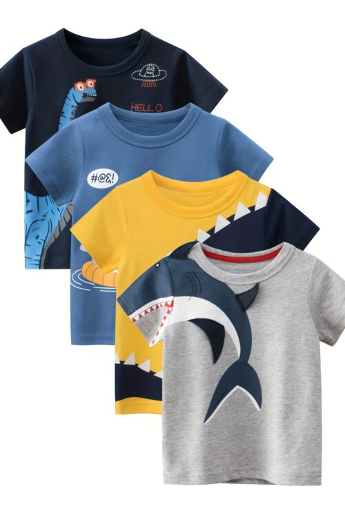 4pcs Cute Cartoon Shark And Dinosaur Print Boys Comfy T-Shirt, Cool, Versatile & Smart Short Sleeve Tee