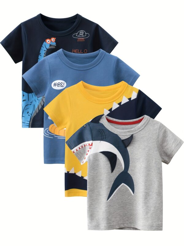 4pcs Cute Cartoon Shark And Dinosaur Print Boys Comfy T-Shirt, Cool, Versatile & Smart Short Sleeve Tee