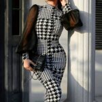 Women's Elegant Houndstooth Print Sleeve Dress with Contrast Mesh Panels - High Neck Stretchy Fitted Silhouette, Machine Washable All-Season Versatile Black & White Dress, Elegant Outfit, Formal Attire, Highneck Design, Sophisticated Style, Highelasticity, Sleek Fit
