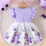 Girls' Spring/Summer Ruffled Sleeve Dress with Bow Detail and Elastic Waistband - Green Butterfly Print on White, Knee-Length, Machine Washable - Image 4