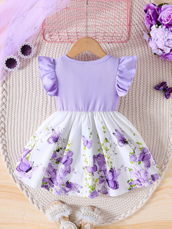Girls' Spring/Summer Ruffled Sleeve Dress with Bow Detail and Elastic Waistband - Green Butterfly Print on White, Knee-Length, Machine Washable - Image 4