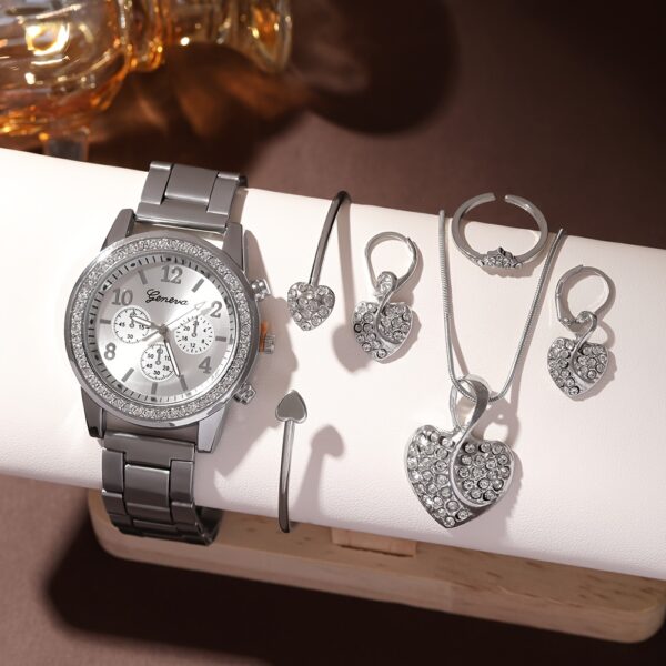 6pcs Elegant Women's Quartz Watch Set with Heart-Shaped Jewelry, Perfect Gift for Ladies, Non-Adjustable Alloy Strap, Classic Bar Markers Round Dial, Ideal Gift for Sisters and Mothers, Suitable for Ramadan or Casual Attire, No Packaging Box Included, Middle East Special Edition - Image 11