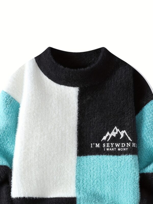 SENMEIGUO Men'S Chunky Knit Sweater, Casual Round Neck, Long Sleeve, Letter Print, Warm Winter Top, Regular Fit, Knitted Fabric, 2024 Fall/Winter Collection - Image 7