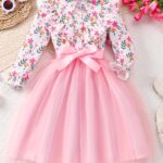 Elegant Floral Print Long Sleeve Dress with Belt - Mint Green Turned-Collar, Tulle Skirt, Perfect for Fall/Winter, Toddler Fashion, Toddler Fashion Outfit | Floral Print Dress | Glossy Fabric, Floral Print Blouse - Image 3