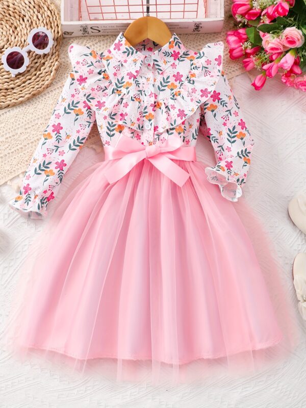 Elegant Floral Print Long Sleeve Dress with Belt - Mint Green Turned-Collar, Tulle Skirt, Perfect for Fall/Winter, Toddler Fashion, Toddler Fashion Outfit | Floral Print Dress | Glossy Fabric, Floral Print Blouse - Image 3