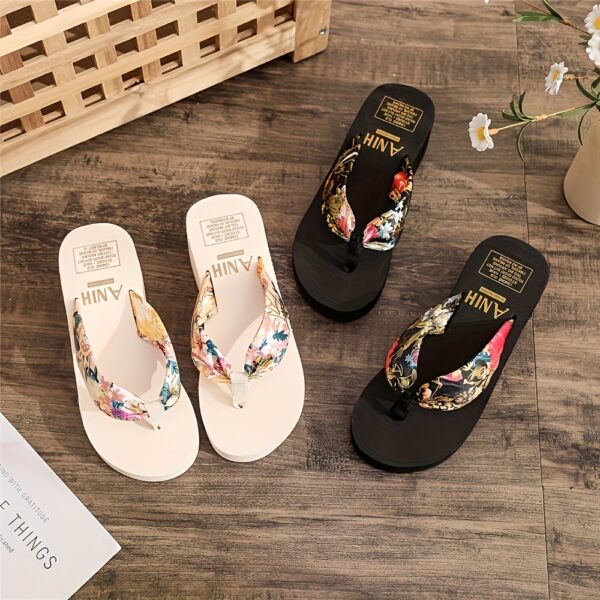 Elegant Bohemian Floral Women'S Flip Flops with Open Toe, Breathable Fabric Strap, Cushioned EVA Sole, Black and White Summer Beach Sandals for Vacation - Image 6