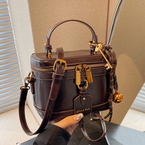 Elegant Retro Women's Crossbody Bag with Bell Pendant – Stylish Brown Handbag with Adjustable Strap, Zipper Closure, and Golden-Tone Hardware for Work, Date, Shop, and Party - Image 3